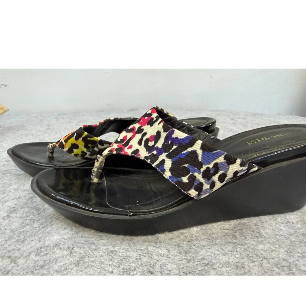 Nine West Womens Multi Color Leopard Print Wedge Sandals Black‎ Platform Thong